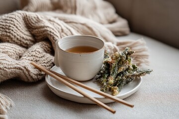 Cozy autumn setting with tea and crispy kale snacks on a knitted blanket