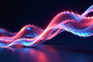 An abstract digital design of a glowing, wavy light trail in blue and pink, creating a dynamic, futuristic visual. Its intricate, spiky texture gives it an energetic and technological feel.