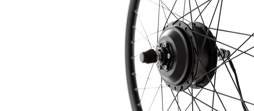 Rear motor-wheel of a bicycle, an electric motor spoked into a bicycle rim. Electric bicycle repair. close-up, cut out, with copy space. - Powered by Adobe