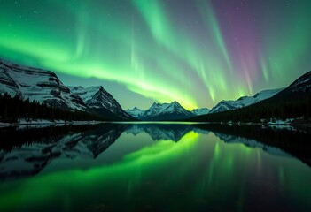 Northern lights reflecting on a perfectly still Arctic lake, mirror image, vibrant greens and purples, majestic