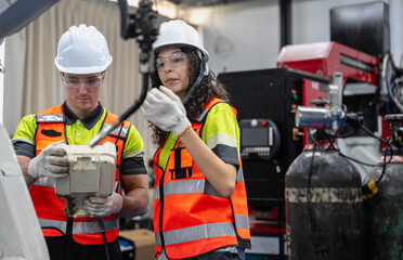 Smart Latino woman and caucasian colleague working on AI technology in robotic electronic engineering laboratory. Female hispanic engineer research in robot machine with automated control.
