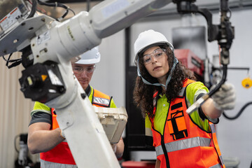 Smart Latino woman and caucasian colleague working on AI technology in robotic electronic engineering laboratory. Female hispanic engineer research in robot machine with automated control.