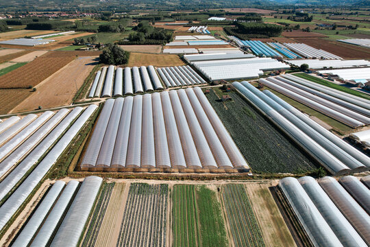Aerial view of a patchwork of greenhouses and agricultural fields, a symphony of textures and tonal variations under the Italian sun, Bra, Bra, Italy.