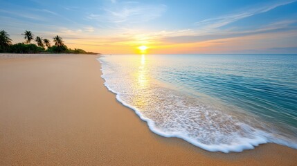 A misty sunrise reflecting on wet sand at a secluded beach, coconut trees, wide-angle shot, soft glow on the horizon, gentle waves coming in, serene getaway mood, fine art nature photography