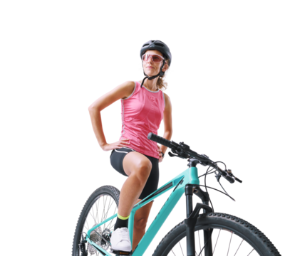 Young Woman In Professional Sportswear, Sitting Pose On Her Mountain Bike Against White Background
