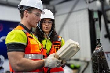 Obraz premium Smart Latino woman and caucasian colleague working on AI technology in robotic electronic engineering laboratory. Female hispanic engineer research in robot machine with automated control.
