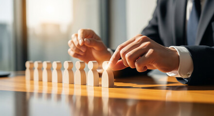 Obraz premium Choosing Right Person for Job Role Depicted by Wooden Human Icons and Businessman in Suit at Desk