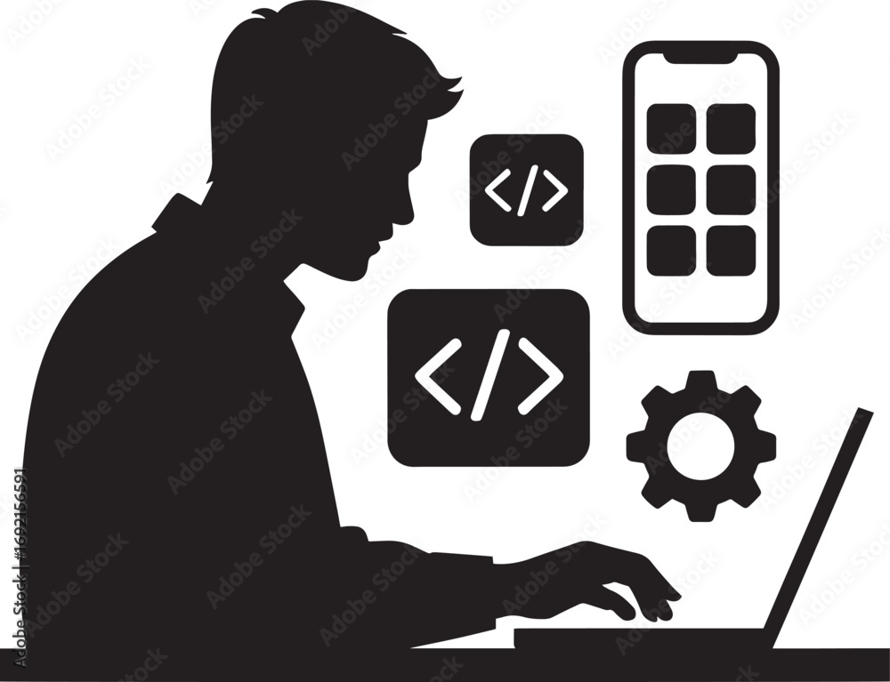 Wall mural software engineer silhouette with mobile app and coding symbols on transparent bg
