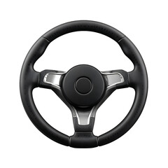 Sleek black leather steering wheel with shiny metal accents on a transparent background symbolizing automotive control and luxury