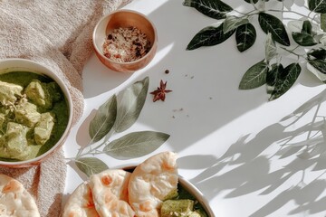Sunlit indian cuisine with naan and green curry on white table