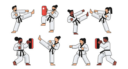 Diverse martial artists practicing Taekwondo kicks and punches, training with focus and precision