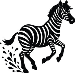 Running Zebra Black and White Illustration with Water Splash Effect on white background