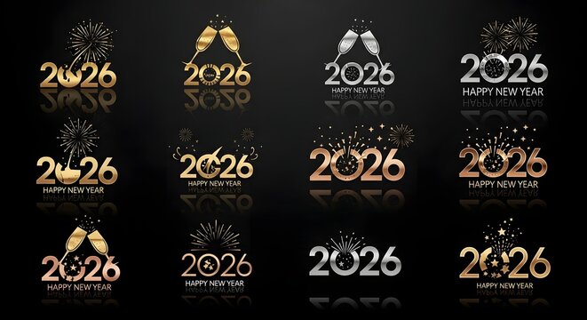 Elegant Happy New Year 2026 logo collection with gold and silver designs featuring fireworks and champagne glasses.