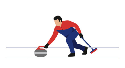 Fototapeta premium A curler releases a stone while holding a brush on a blue lined surface