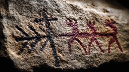 Ancient figures dancing around tree symbol on rock wall