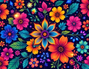 The image features a vibrant and intricate floral pattern set against a dark background