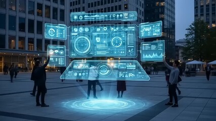Futuristic urban scene showcasing people interacting with holographic technology at night - Powered by Adobe