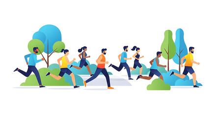 Diverse group of people running outdoors through park path and bushes, healthy lifestyle concept