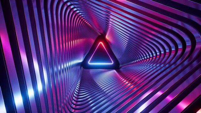 Seamless 3D animation of polished metallic frames dynamically twisting and forming a triangular tunnel. - Powered by Adobe
