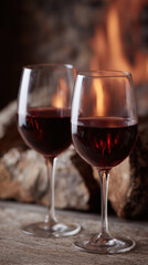 Two glasses of red wine in front of cozy fireplace