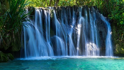Tropical Waterfall Cascading into a Clear Turquoise Pool