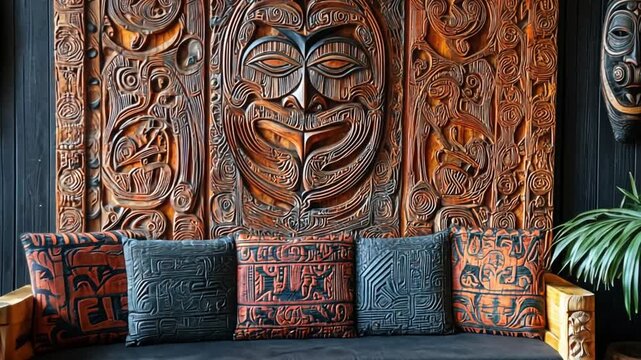 Intricate wooden wall decor polynesian style interior