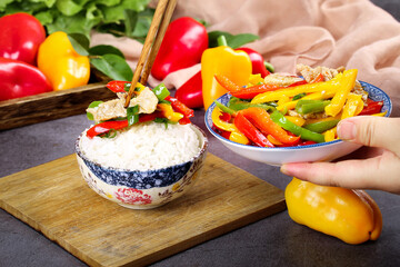 Traditional Chinese Pork and Bell Pepper Stir-Fry with Rice - Shandong Style Colorful Asian Cuisine
