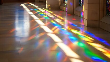 Stained glass window light patterns cast colorful reflections across a polished wooden floor