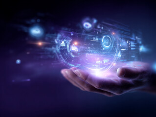 Obraz premium Modern cyber technology design with glowing icons and HUD graphics