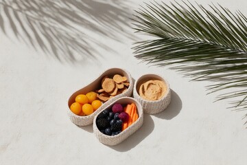 Healthy snack bento with fresh fruits and nuts on textured background
