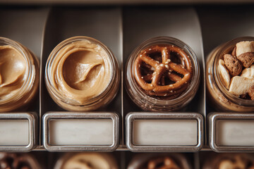 Assorted nut butter and snacks in glass jars on shelf