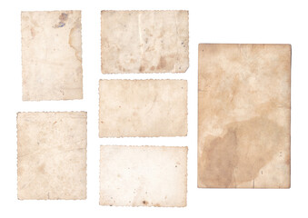 Six vintage old photos texture with visible stains, aged yellowed details, back side. Retro brown photo frames isolated on white abckground