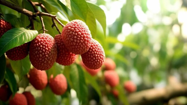 Fresh lychee fruit hanging on tree branches in tropical garden during sunny afternoon