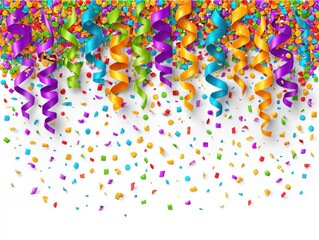 Fototapeta premium Multicolored confetti and streamers on white background