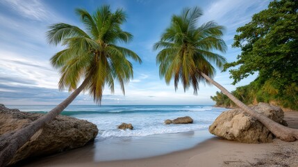 A dramatic sunrise reflecting on wet sand at a windswept shore, coconut trees, wide-angle shot, soft glow on the horizon, gentle waves coming in, cinematic travel mood, fine art nature photography