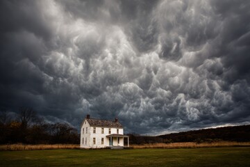 Fototapeta premium Old White House Under Dark Stormy Cloudy Sky in Rural Landscape