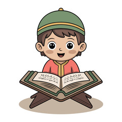 Adorable cartoon boy wearing a kufi reads from an open holy book on a stand