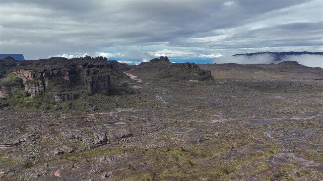 Aerial view of Mount Roraima, a landscape with dark rocks, sparse vegetation, and a winding path, under a cloudy sky, Paraitepui, Canaima, Venezuela.