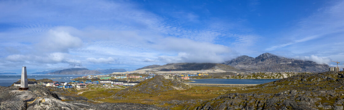 Panoramic view of Nuuk with colorful houses and fjords