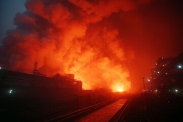 Fototapeta premium Massive industrial fire with intense flames and smoke.