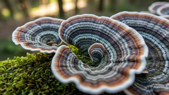 Shelf fungi cluster on moss, displaying concentric colorful bands