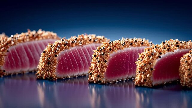 Sesame crusted seared tuna slices arranged row reflective surface, showcasing fresh pink fish with crunchy golden coating, gourmet seafood, elegant presentation, seared tuna steak with sesame seed
