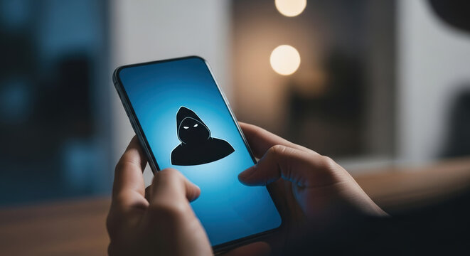 Phone fraud alert shown on mobile phone screen, close up view of hands holding phone, indicating cyber crime. Concept phone fraud scheme of stolen identity and financial risks using smartphones.