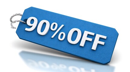 3D blue tag with text "90% OFF", isolated on a white background, with a white reflection and shadow under the text, in a simple illustration style new image.