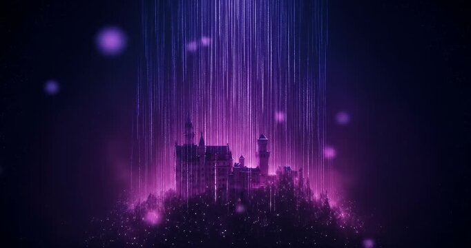Mystical castle under vibrant purple rain at night