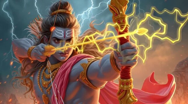 Epic Lord Rama drawing lightning‑charged golden arrow on celestial battlefield &ndash; dynamic 4K Hindu‑mythology action animation for spiritual storytelling