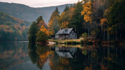 Fototapeta premium Autumn lake cabin landscape fall foliage forest reflection trees scenic nature travel destination beautiful view.