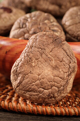Dried Shiitake Mushrooms on Wicker Basket - Natural Organic Food Ingredient