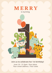 First Birthday Party Invitation Flyer with Animals