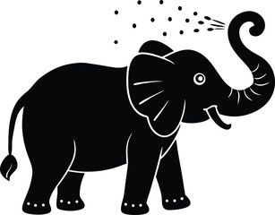 Silhouette of an Elephant Spraying Water with its Trunk in Black and White on white background